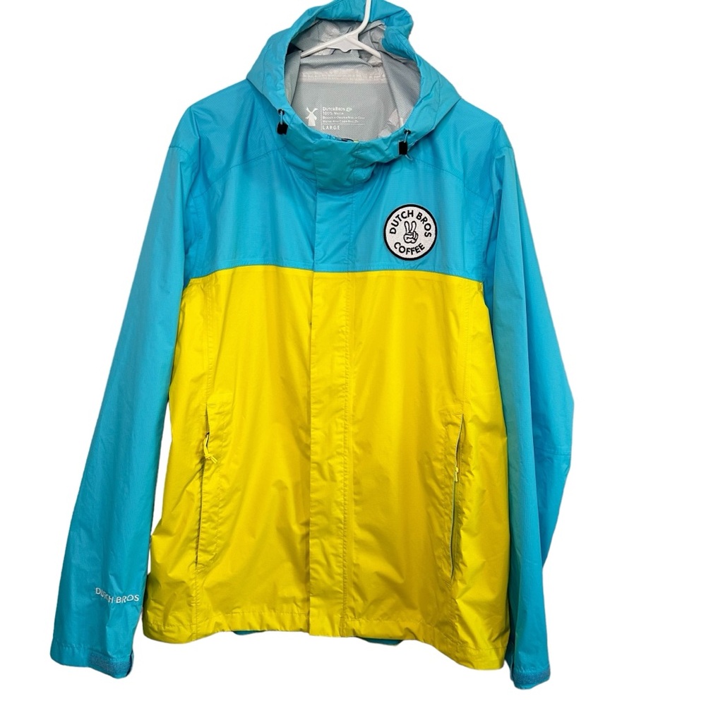 Dutch Bros Turquoise + Yellow Hoodie Windbreaker LARGE Zipper Pockets DB…